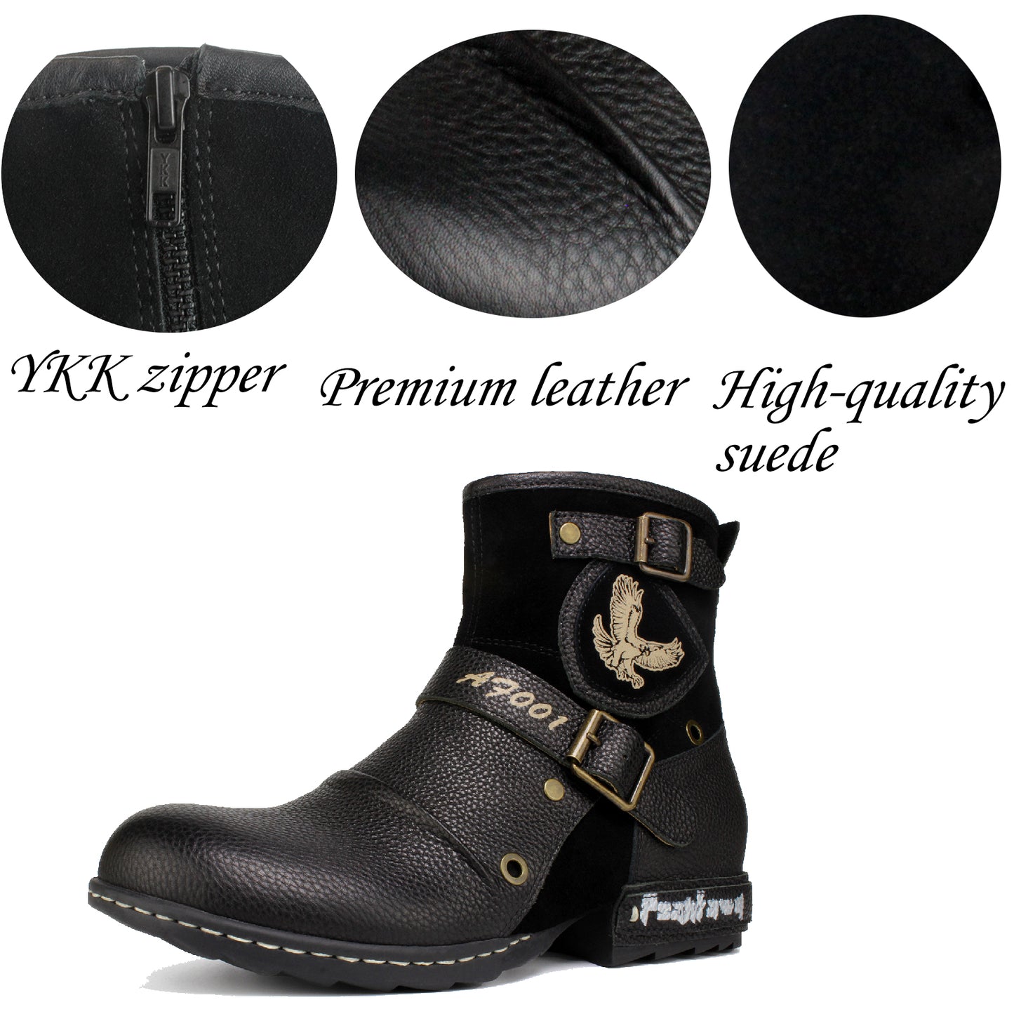 Psanfawq Motorcycle Boots Men Waterproof Leather -Retro Moto Biker Boots with Zip Up & Harness, Riding Combat Boots for Men Casual & Daily Wear,Black