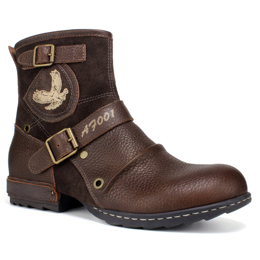 Psanfawq Motorcycle Boots Men Waterproof Leather -Retro Moto Biker Boots with Zip Up & Harness, Riding Combat Boots for Men Casual & Daily Wear,Black