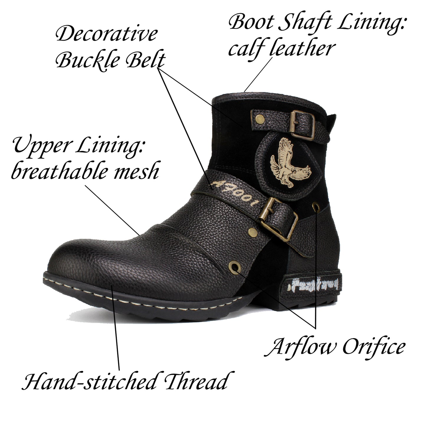 Psanfawq Motorcycle Boots Men Waterproof Leather -Retro Moto Biker Boots with Zip Up & Harness, Riding Combat Boots for Men Casual & Daily Wear,Black