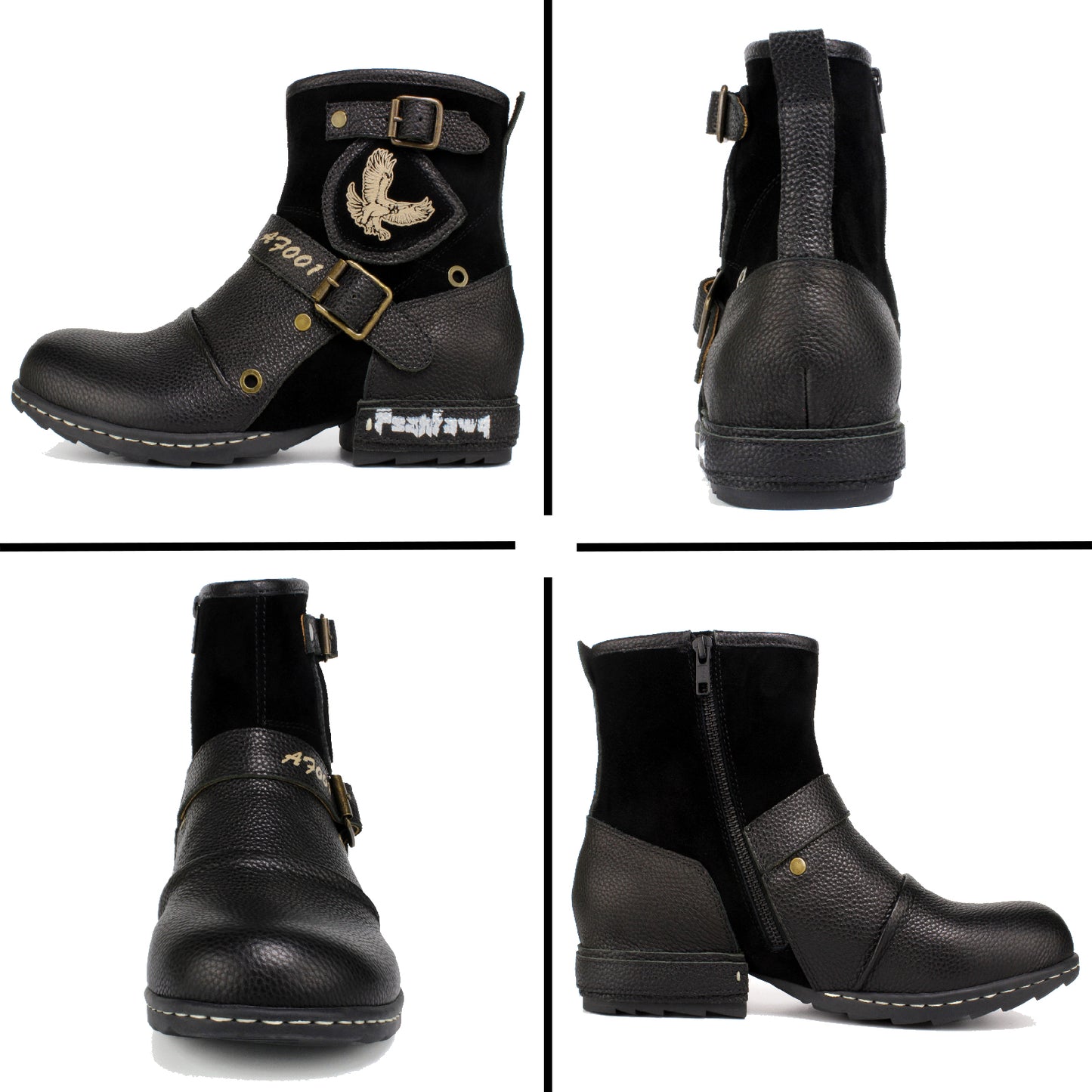 Psanfawq Motorcycle Boots Men Waterproof Leather -Retro Moto Biker Boots with Zip Up & Harness, Riding Combat Boots for Men Casual & Daily Wear,Black