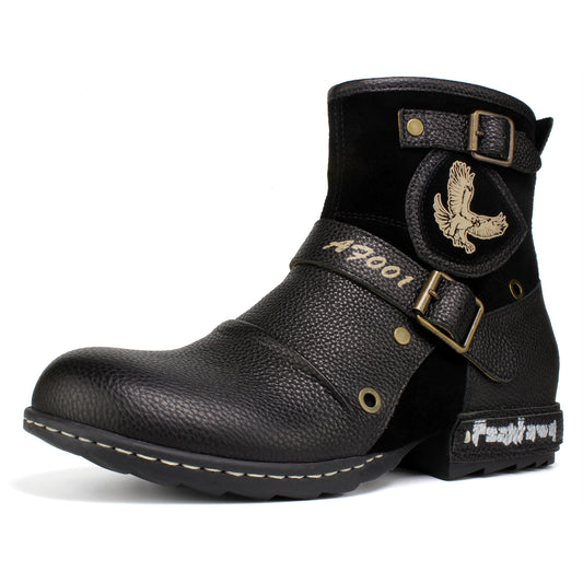 Psanfawq Motorcycle Boots Men Waterproof Leather -Retro Moto Biker Boots with Zip Up & Harness, Riding Combat Boots for Men Casual & Daily Wear,Black